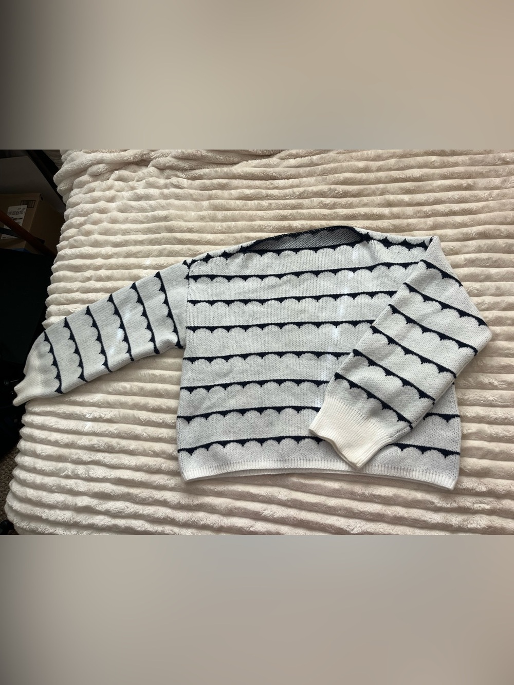 White and Navy Geometric Striped Boatneck Sweater